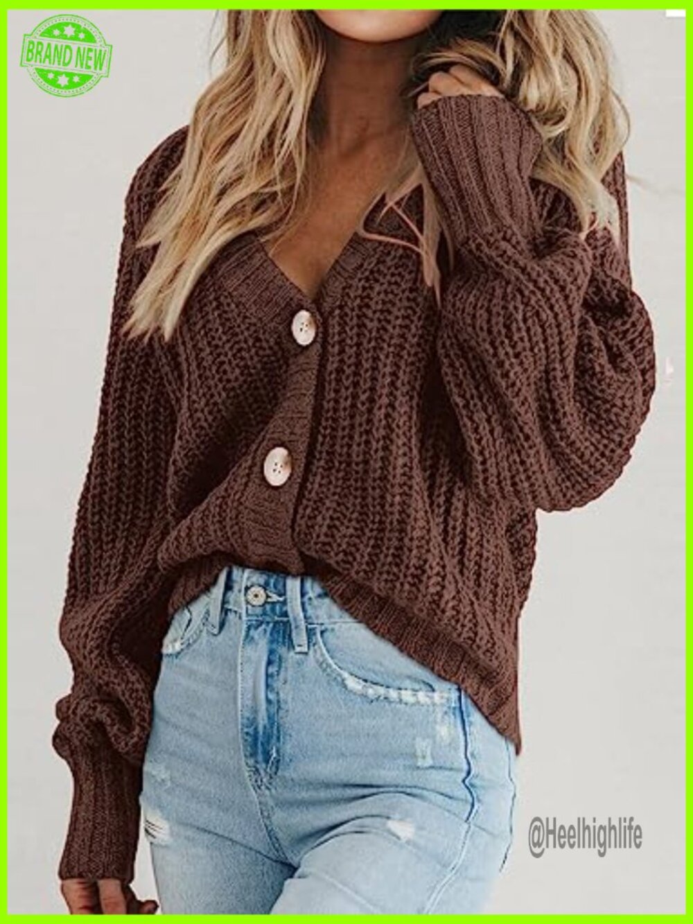 Chunky Knit Open Front Short Cardigan Long Sleeve Button Down V-Neck Loose - Picture 3 of 7